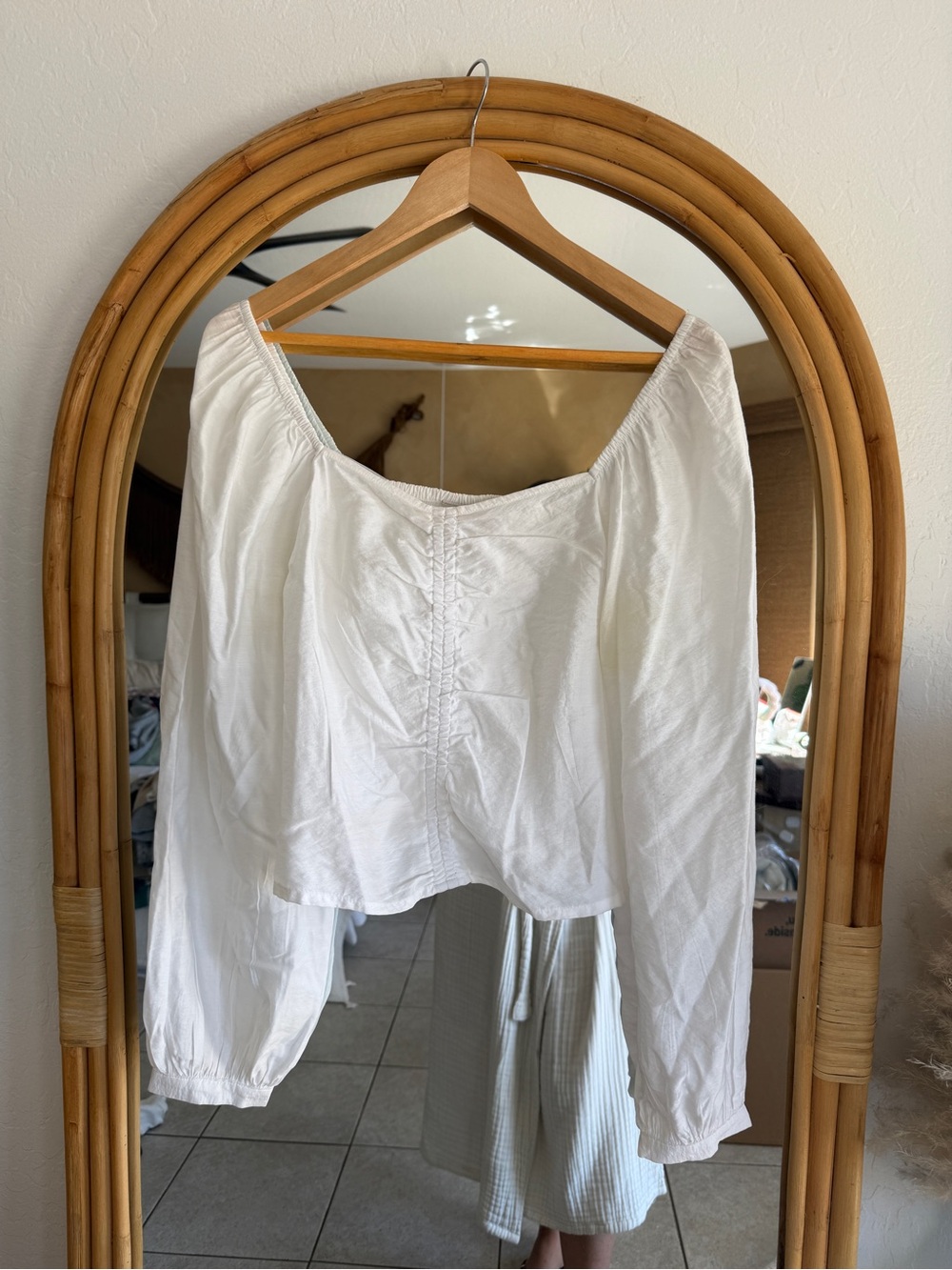 a new day White Peasant Blouse with Center Ruching